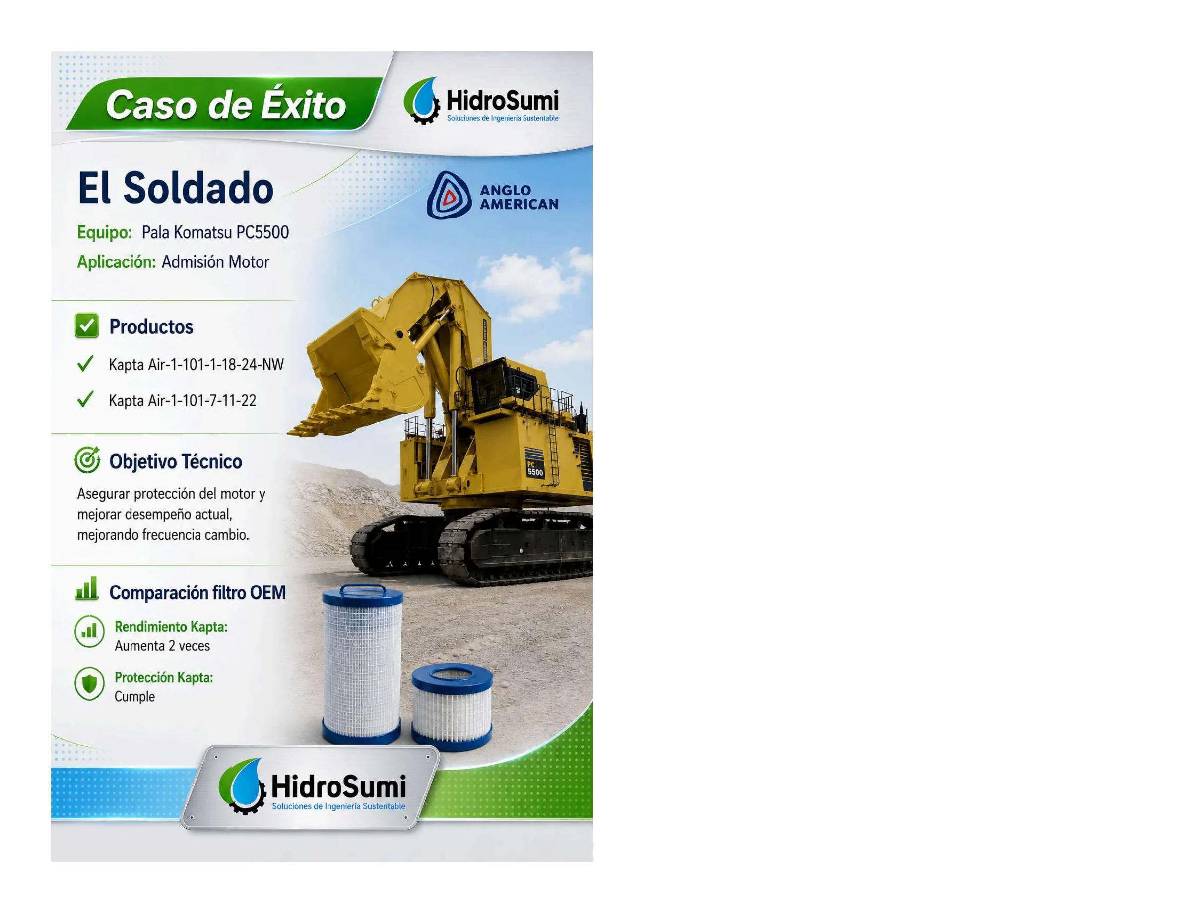 Pala Komatsu PC5500 en faena de Anglo American, El Soldado, con filtros KAPTA